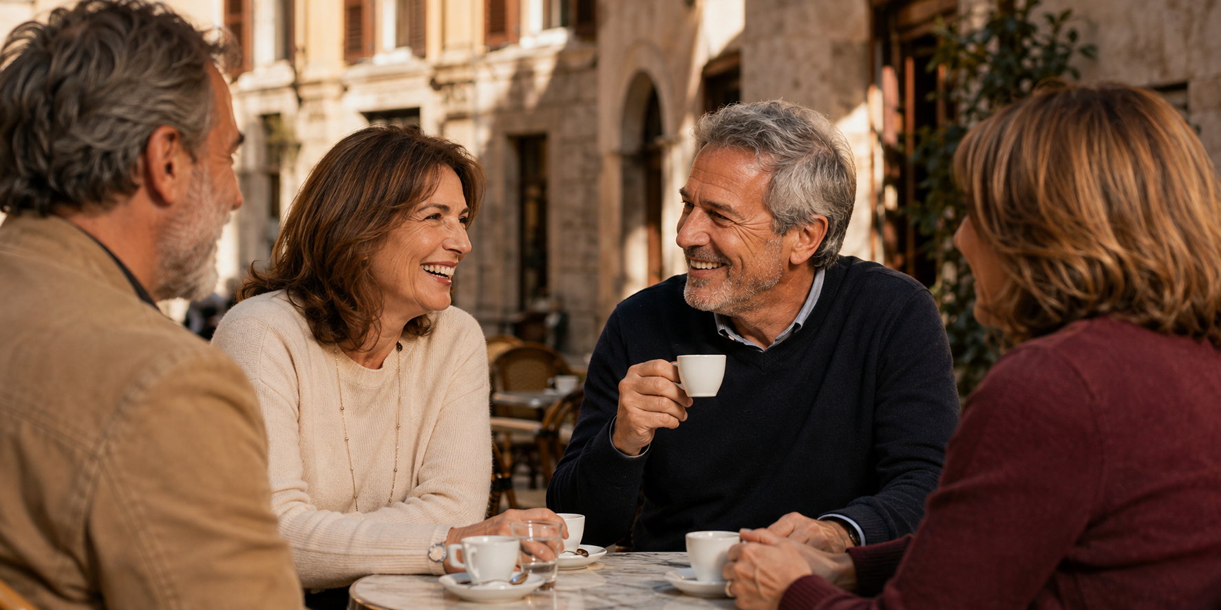 Conversazione tra adulti in un caffè; immagine illustrativa